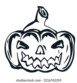 Spooky Halloween jack-o-lantern pumpkin monster black and white cartoon vector illustration isolated on white background. Halloween pumpkin monster monochrome.