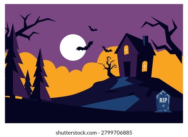 
A spooky Halloween landscape background featuring a haunted house with glowing windows on a hill, old RIP tombstones, flying bats, a full moon, orange clouds, a scary old dry tree, and a pine forest in a minimalist flat design style. Vector illustration for greeting cards, banners, posters, party invitations, and web wallpapers.
