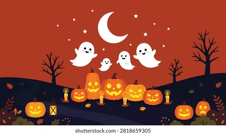 Spooky halloween landscape with cute ghosts, glowing jack o lanterns, lit candles, bare trees, and crescent moon.