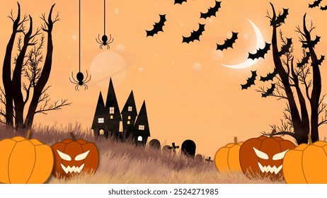 Spooky Halloween landscape with haunted house, bats flying across the moon, spiders hanging from trees, carved pumpkins, and eerie graveyard. Perfect for Halloween-themed decorations, invitations.