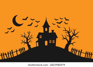Spooky Halloween landscape illustration featuring a haunted house on a hill, crescent moon, flock of flying bats, wooden fences, and bare trees in black silhouette on an orange background.