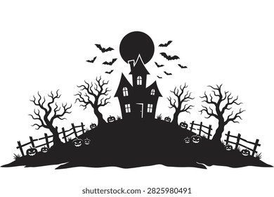 Spooky Halloween landscape illustration featuring a haunted house on a hill, full moon, flying bats, jack-o-lanterns, wooden fences, and bare trees in black silhouette isolated on a white background.