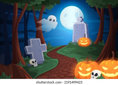 Spooky halloween landscape with jack o lantern pumpkin and burial graveyard at the night