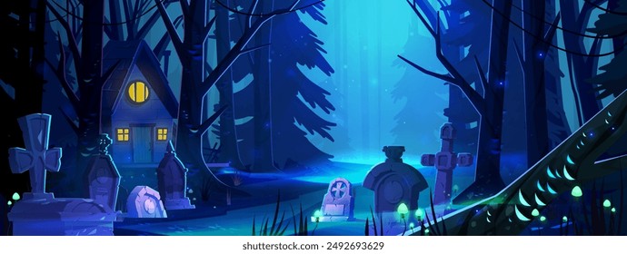 Spooky Halloween landscape with scary haunted house near stone tombs on cemetery at night. Cartoon vector illustration of home and graveyard in forest with trees and pathway under moonlight.