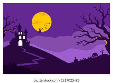 A spooky Halloween landscape vector illustration. The design features a haunted castle on top of a hill with a winding path, a silhouette of a witch flying on a broomstick across a big yellow full moon, creepy bare trees, bats, a jack-o'-lantern pumpkin, and grave crosses in a graveyard under a purple night sky. Great for holiday banners, party invitations, and seasonal backgrounds.