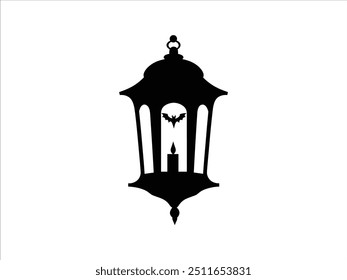 Spooky Halloween Lantern Silhouettes with Haunted Trees and Bats - Gothic Vector Clipart.