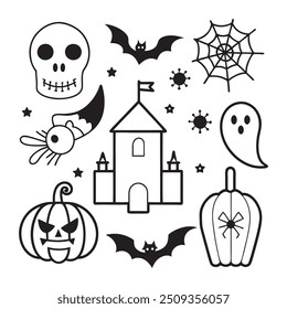 Spooky Halloween Line Art Illustrations, Black and White Halloween Design Elements