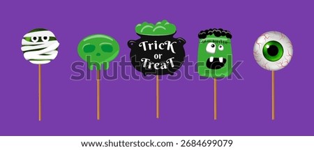Spooky Halloween lollipop set: mummy, bubbling cauldron 'Trick or Treat’, scull, Frankenstein, eerie eyeball pops. Ideal for party favors, display, event decor, kids crafts.