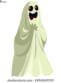 Spooky Halloween lonely sad ghost. Fly phantom spirit with white fabric. Vector illustration