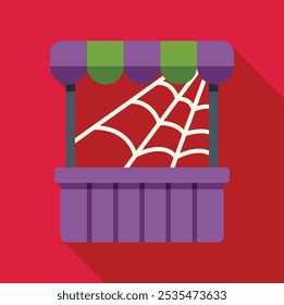 Spooky halloween market stall covered in spider web, with red and purple colors, perfect for seasonal projects