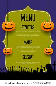 Spooky Halloween menu design with hanging pumpkins