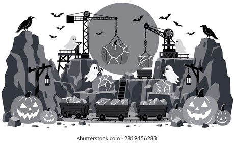 Spooky halloween mining scene with ghosts, jackolanterns, cranes, and bats cartoon vector illustration of a fantasy pumpkin mine