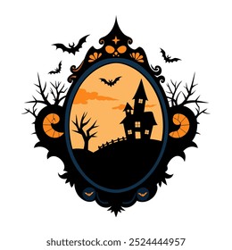 Spooky Halloween mirrors with Haunted House and Bats.Illustration of a haunted house with bats flying in a decorative Halloween frame.