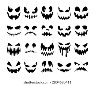 Spooky Halloween monster face vector collection featuring creepy eyes, evil smiles, ghost expressions, pumpkin faces, horror masks, and scary character elements. Perfect for Halloween party decorations, haunted house graphics, horror games, stickers, T-shirts, posters, social media, invitations, and festive seasonal designs. High-quality editable vector illustration with bold black silhouette elements.
