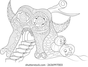 Spooky Halloween Monster House Coloring Page, Black and white line art illustration for a coloring book featuring a fantastical, monstrous house or creature with steps leading into its mouth,