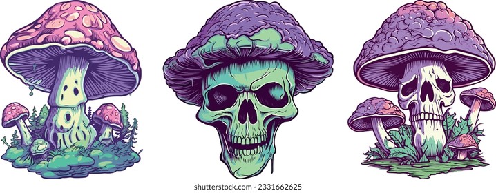 Spooky Halloween Monster Mushrooms Pack, Isolated Cartoon Clip Art, Digital Vector Artwork