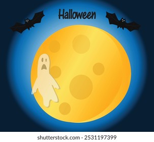 Spooky halloween moon and ghost with bats