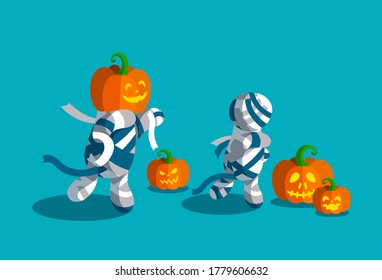 Spooky Halloween mummies with waving bands. Various carved pumpkins. Vector illustration for Halloween party.