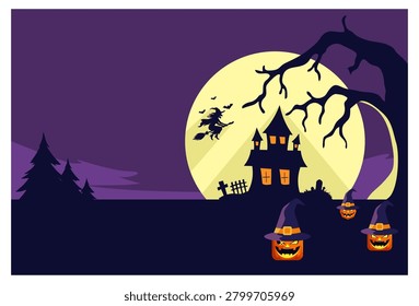 
A spooky Halloween night background featuring a flying witch on a broomstick, a silhouette of a haunted house, a graveyard, a spooky Jack-o'-lantern pumpkin with a witch's hat, a giant full moon, a large dry tree, and pine trees in a minimalist flat design style. Vector illustration for greeting cards, banners, posters, party invitations with text space. and web wallpaper.