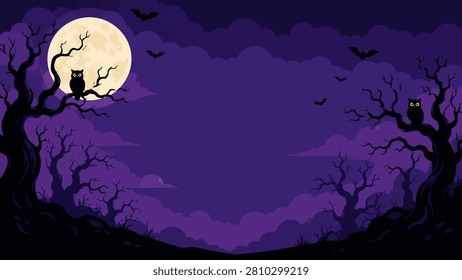 A spooky Halloween night background featuring a large full moon, silhouettes of owls perched on twisted dead trees, and flying bats against a purple cloudy sky.