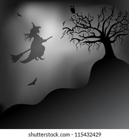Spooky Halloween night background with flying witch silhouette on broom stick and dead tree branches. EPS 10.