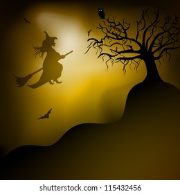 Spooky Halloween night background with flying witch silhouette on broom stick and dead tree branches. EPS 10.
