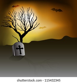 Spooky Halloween night background with gravestone and dead tree. EPS 10.