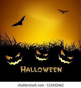 Spooky Halloween night background with pumpkins and flying bats. EPS 10.