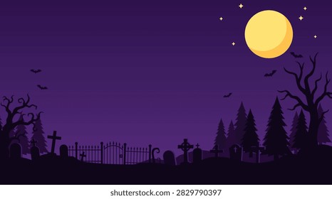 Spooky Halloween night background vector, Full moon graveyard silhouette banner, Dark purple horror landscape backdrop