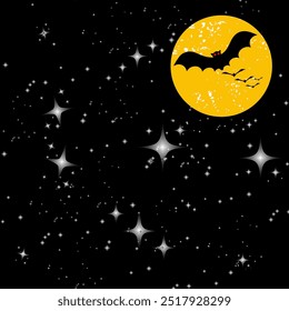 A spooky Halloween night with bats flying across a starry sky, a glowing moon, and a pumpkin under the dark autumn sky in a cartoon-style vector illustration