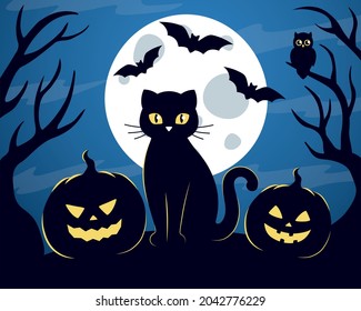 Spooky halloween night. Black cat, full moon, bats, pumpkins, owl. Vector illustration. 