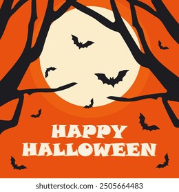 Spooky Halloween Night featuring Bats flying under a bright Full Moon. Vector banner.