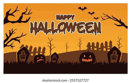 A spooky Halloween night featuring gravestones, pumpkins, bats, and leafless trees against an orange sky. Flat vector modern illustration 