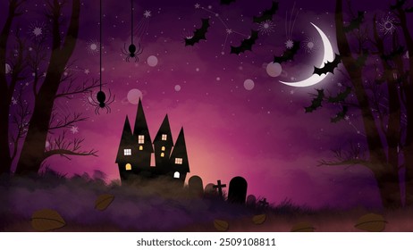 Noite de Halloween assustador com uma casa assombrada, aranhas, lua crescente, morcegos e árvores misteriosas sob um céu roxo. Perfeito para projetos com tema de Halloween e convites para festas.