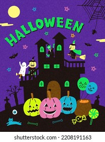 Spooky Halloween night at the haunted castle with pumpkins, ghosts, and monsters joining the fun