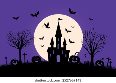 Spooky halloween night with haunted castle. Halloween night with haunted castle, flying bats, ghostly moonlight, and spooky pumpkins.