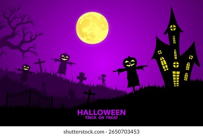 Spooky Halloween night with haunted house and pumpkins. Vector illustration.