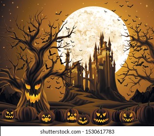 Spooky halloween night, holiday background with castle and Jack-o-lanterns, and evil dead trees. EPS 10 contains transparency.