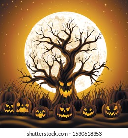 Spooky halloween night, holiday background with Jack-o-lanterns, and evil dead monster tree. EPS 10 contains transparency.
