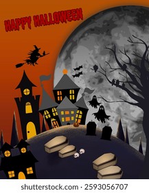 Spooky Halloween night with a huge moon in the background and silhouettes of witch, bat, trees, graveyards, haunted houses. Halloween banner, poster, flyer. ( original illustration, not AI-generated )