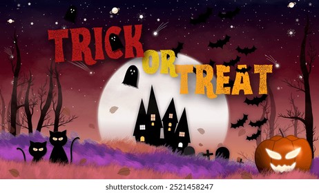 Una espeluznante ilustración de la noche de Halloween con una casa embrujada, gatos negros, fantasmas, murciélagos, calabazas y la luna llena con el texto "Truco o trato". Ideal para diseños con temática de Halloween.