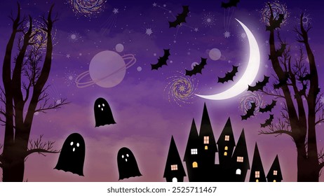 Ilustração assustadora da noite de Halloween com casa assombrada, fantasmas, morcegos, lua crescente e silhuetas de árvores misteriosas. Perfeito para temas de Halloween, convites e desenhos sazonais.