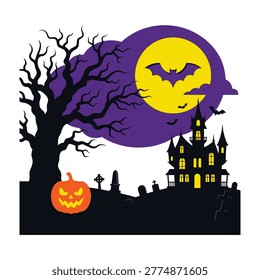 Spooky Halloween night landscape featuring a haunted mansion, a scary glowing pumpkin, a silhouette of a dead tree, and flying bats against a full moon background.
