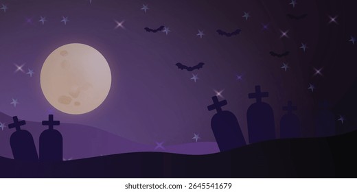 Paisagem noturna de Halloween assustador com céu roxo, lua cheia brilhante, estrelas, cemitério e morcegos voadores. Eerie cena vetor em estilo de desenho animado escuro perfeito para fundos de férias e projetos. Copiar espaço