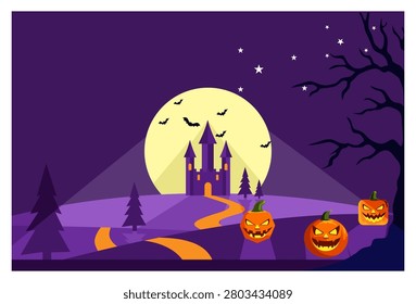 A spooky Halloween night landscape vector illustration. Features a gothic castle silhouette under a large full moon with bats, a winding path, pine trees, a dead bare tree with stars in the sky, and grinning jack-o-lantern pumpkins in the foreground. Perfect for seasonal backgrounds, party invitations, and festive banners.