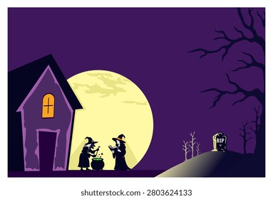 A spooky Halloween night landscape vector illustration. Features two witch silhouettes one brewing a green potion in a cauldron and the other reading a magic spell book standing near a haunted house under a giant full moon. Includes a cemetery hill with a RIP tombstone and bare dead trees against a purple sky. Ideal for festive party invitations, banners, and holiday backgrounds.