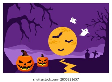 Spooky Halloween night landscape vector illustration. Features scary grinning jack-o'-lantern pumpkins in the foreground, spooky flying ghosts, flying bats silhouette against a large yellow full moon, creepy dead trees, and distant cemetery tombstones. Perfect for autumn holiday banners, party invitations, and posters.