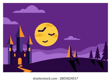 Spooky Halloween night landscape vector illustration in flat style. Features a dark gothic castle or fortress with illuminated windows on a hill, flying bats silhouette against a large yellow full moon, and a pine tree forest with long shadows under a purple sky. Great for autumn holiday party invitations, banners, and backdrops.