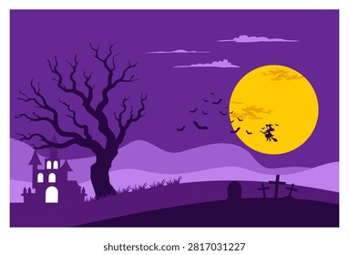 A spooky Halloween night landscape vector illustration. The design features a large glowing yellow full moon with a silhouette of a witch flying on a broomstick surrounded by bats. On the left side stands a creepy bare dead tree next to a haunted house with glowing windows, while a graveyard with tombstones and crosses sits on the right under a purple sky. Ideal for seasonal holiday posters, greeting cards, and party invitations.
