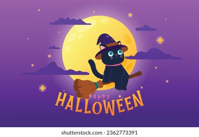 Spooky Halloween-Nacht mit einer geheimnisvollen Schwarzen Katze, die einen Hexenhut trägt, einen Broomstick vor Vollmond reiten, Vektorgrafik, Illustration